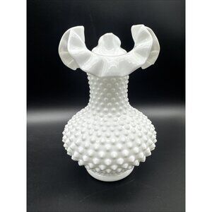 Vintage Fenton White Milk Glass Vase Hobnail Ruffled Double Crimped 7.5” Tall